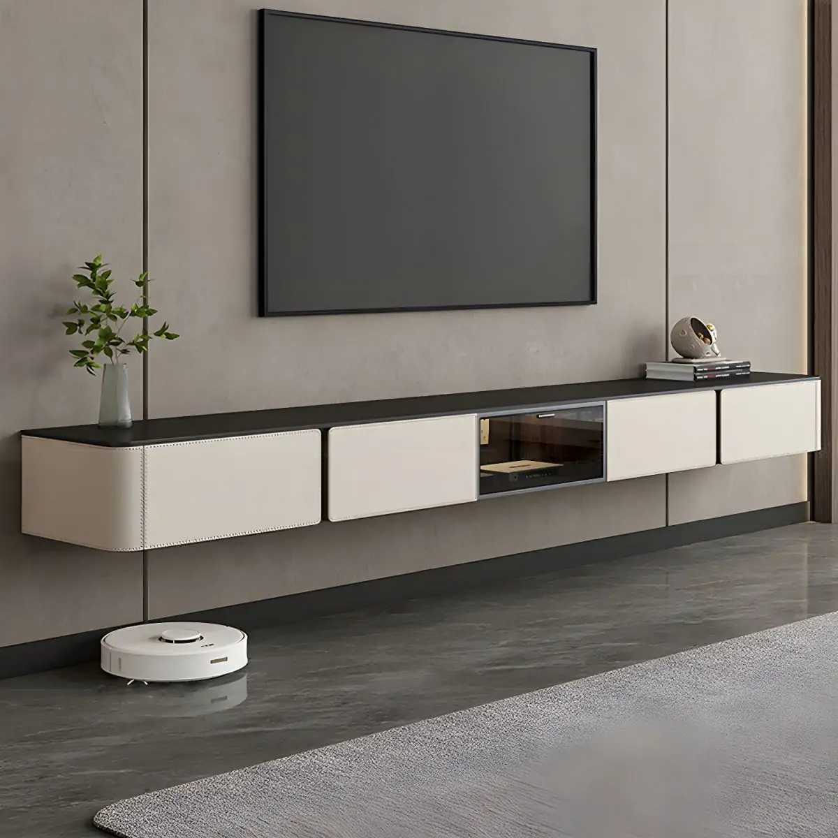 White Modern Stone Floating TV Stand with Cable Management Image - 1 | homeyfad