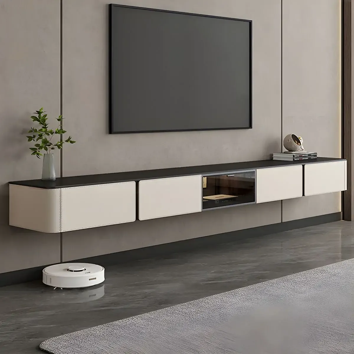 White Modern Stone Floating TV Stand with Cable Management Image - 1