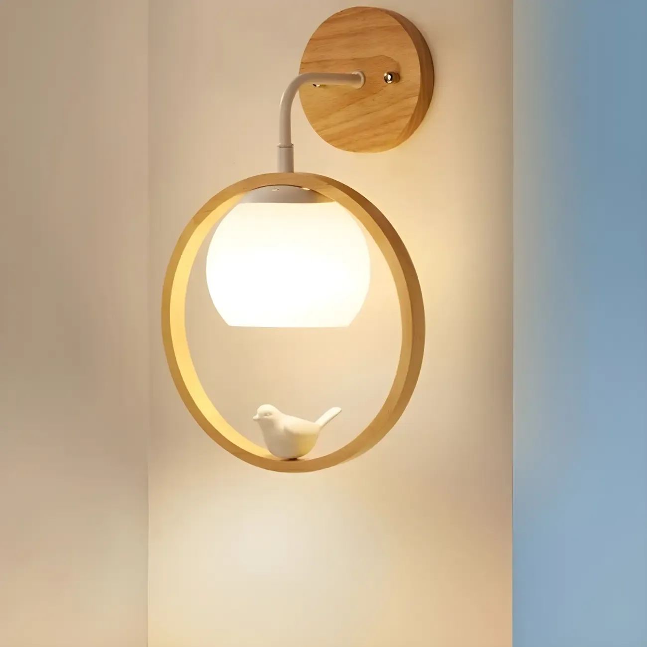Modern Indoor Wood Wall Light with Glass Shade Image - 9