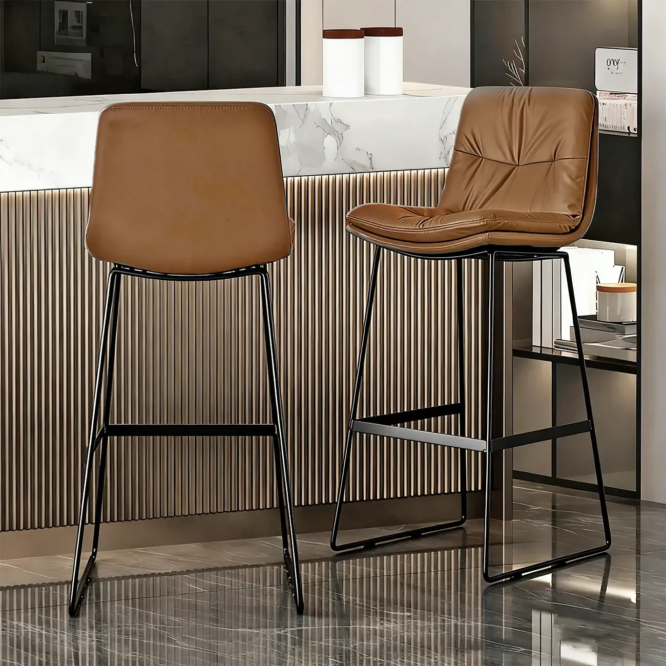Saddle Metal Frame Leather Counter Bar Stools with Back Image - 6