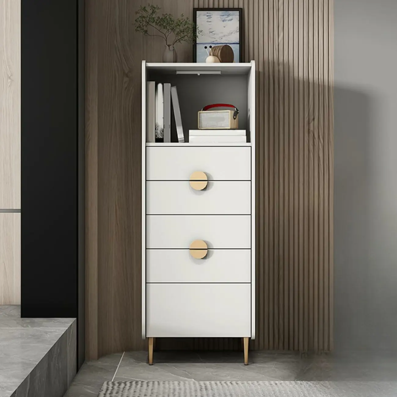 Modern Multi-Drawer White Wood Gold Storage Cabinet with Shelf Image - 1 | homeyfad