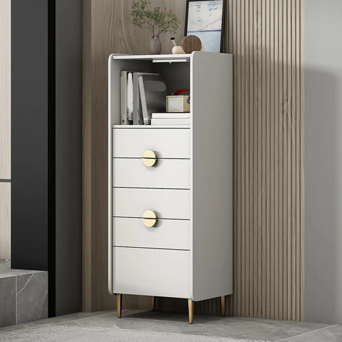 Modern Multi-Drawer White Wood Gold Storage Cabinet with Shelf Image - 3 | homeyfad