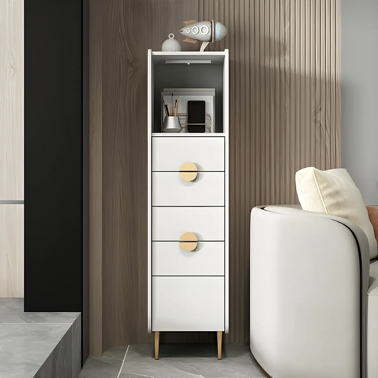 Modern Multi-Drawer White Wood Gold Storage Cabinet with Shelf Image - 4 | homeyfad