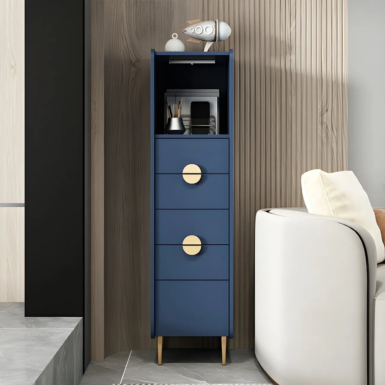 Modern Multi-Drawer White Wood Gold Storage Cabinet with Shelf Image - 6 | homeyfad