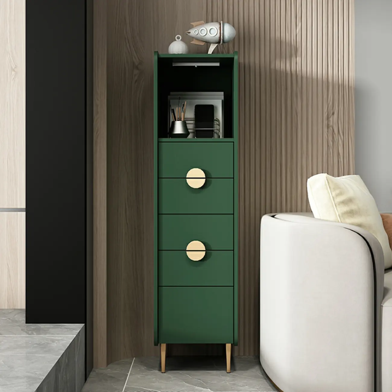 Modern Multi-Drawer White Wood Gold Storage Cabinet with Shelf Image - 8 | homeyfad