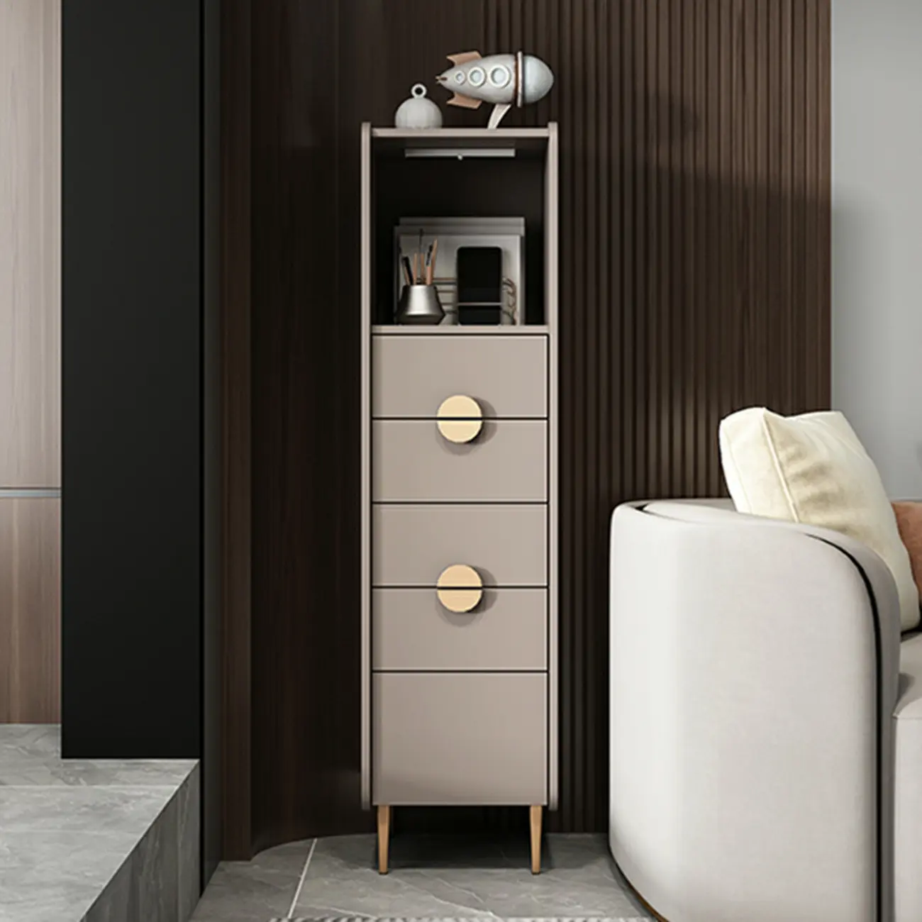 Modern Multi-Drawer White Wood Gold Storage Cabinet with Shelf Image - 9 | homeyfad