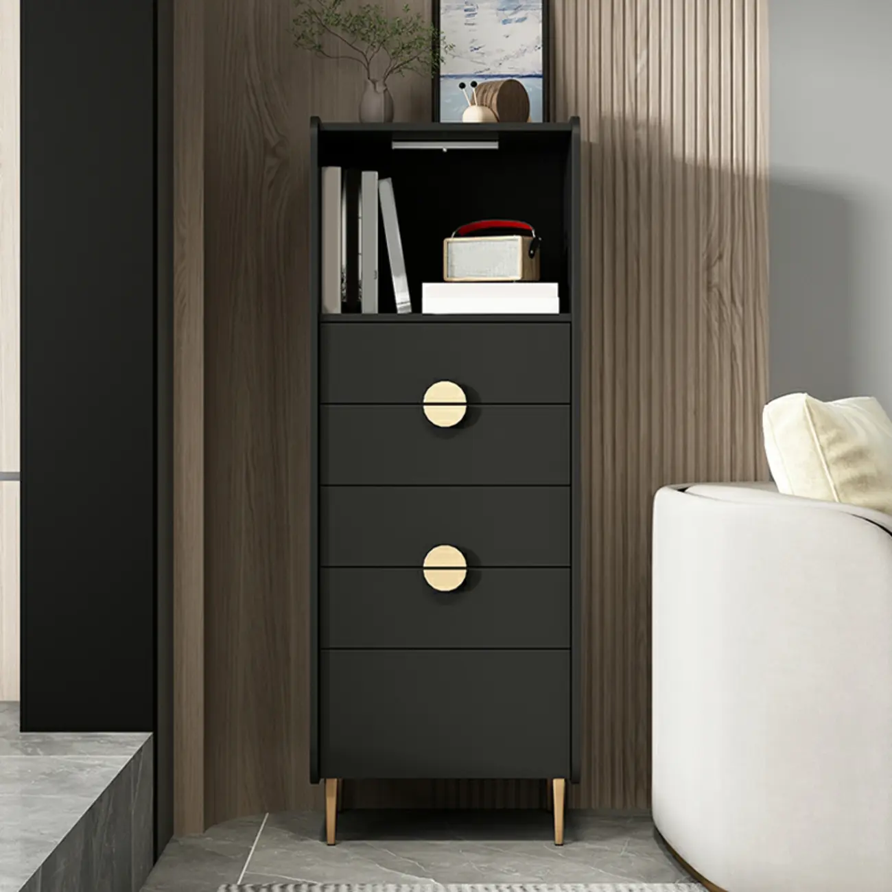 Modern Multi-Drawer White Wood Gold Storage Cabinet with Shelf Image - 11 | homeyfad