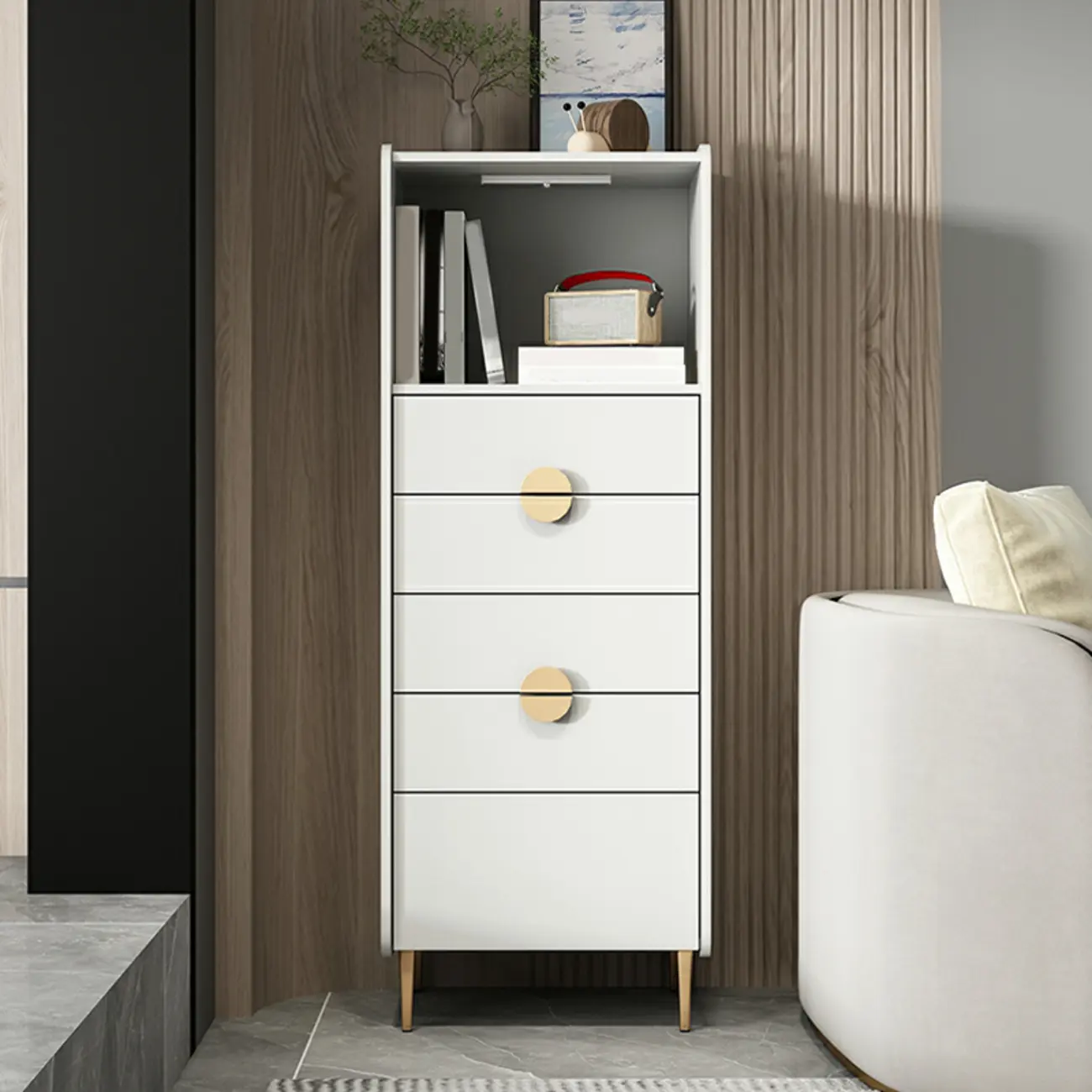 Modern Multi-Drawer White Wood Gold Storage Cabinet with Shelf Image - 13 | homeyfad