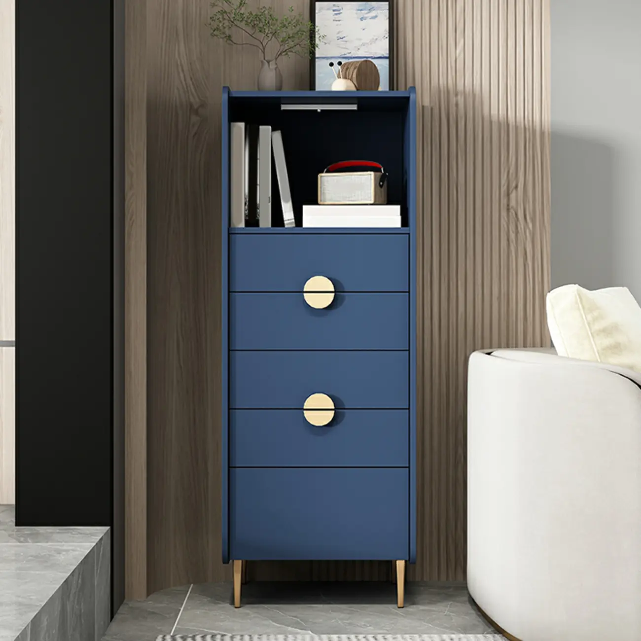 Modern Multi-Drawer White Wood Gold Storage Cabinet with Shelf Image - 14 | homeyfad
