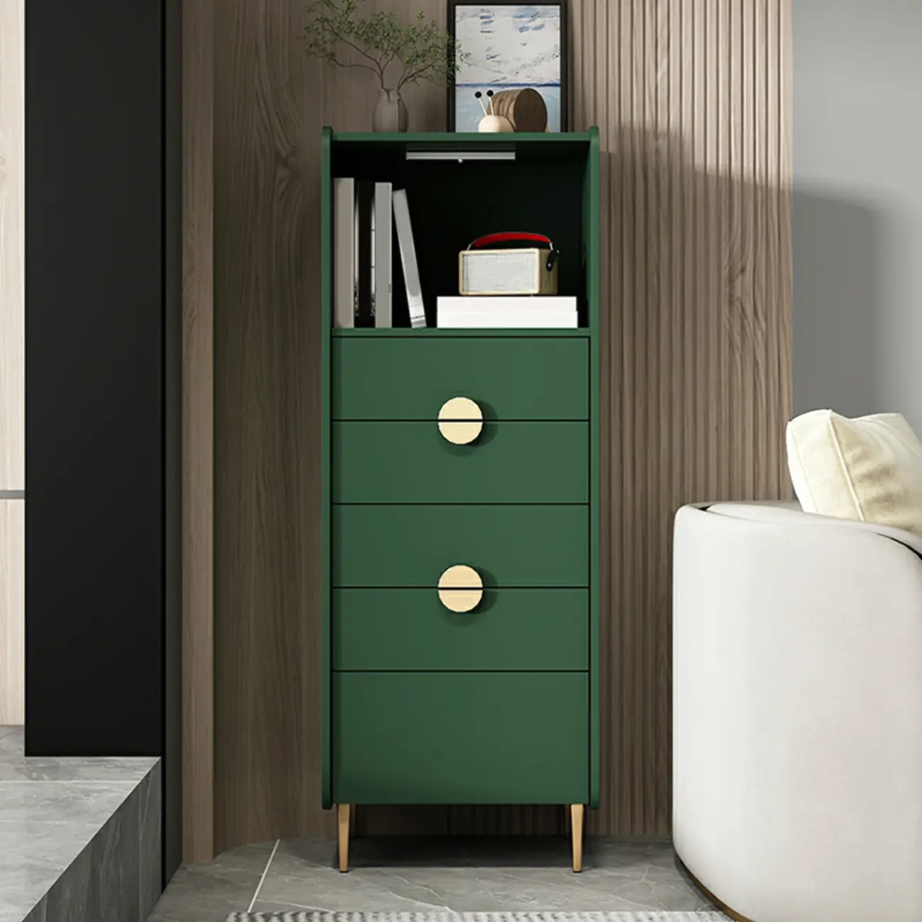 Modern Multi-Drawer White Wood Gold Storage Cabinet with Shelf Image - 15 | homeyfad