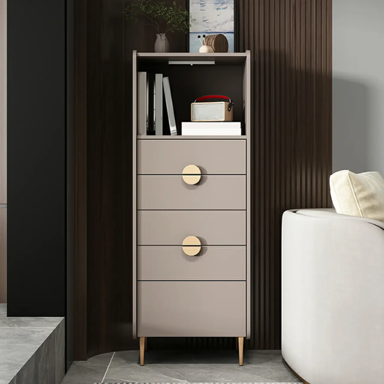 Modern Multi-Drawer White Wood Gold Storage Cabinet with Shelf Image - 16 | homeyfad