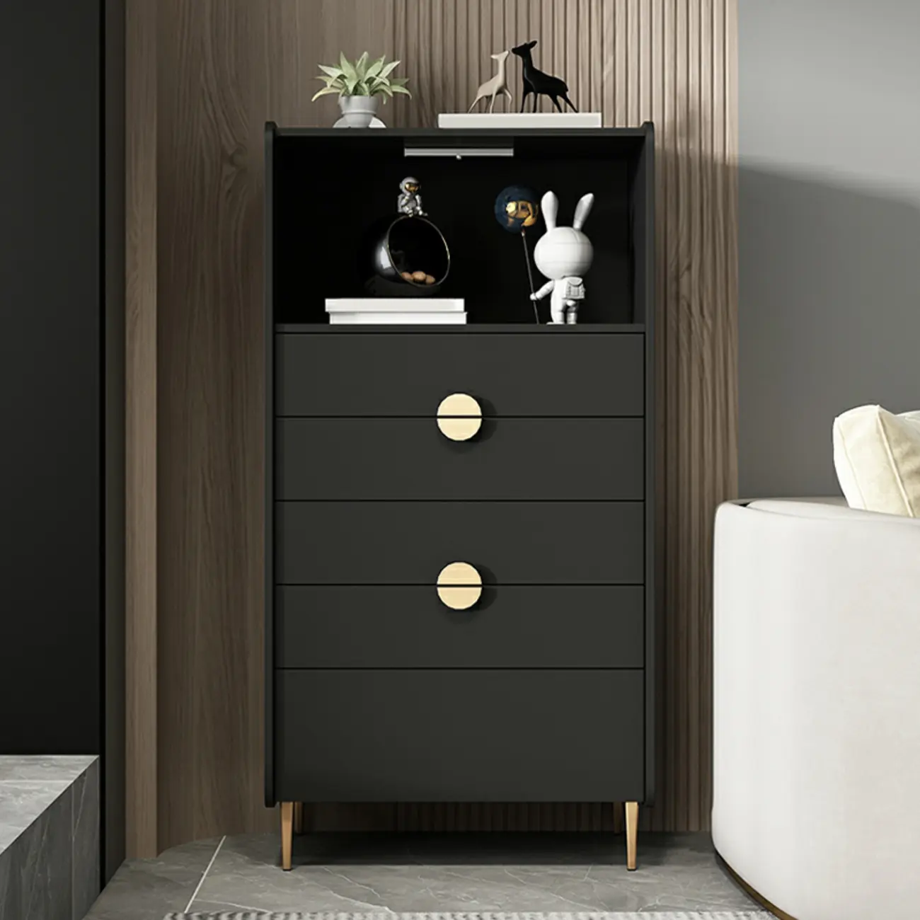 Modern Multi-Drawer White Wood Gold Storage Cabinet with Shelf Image - 17 | homeyfad