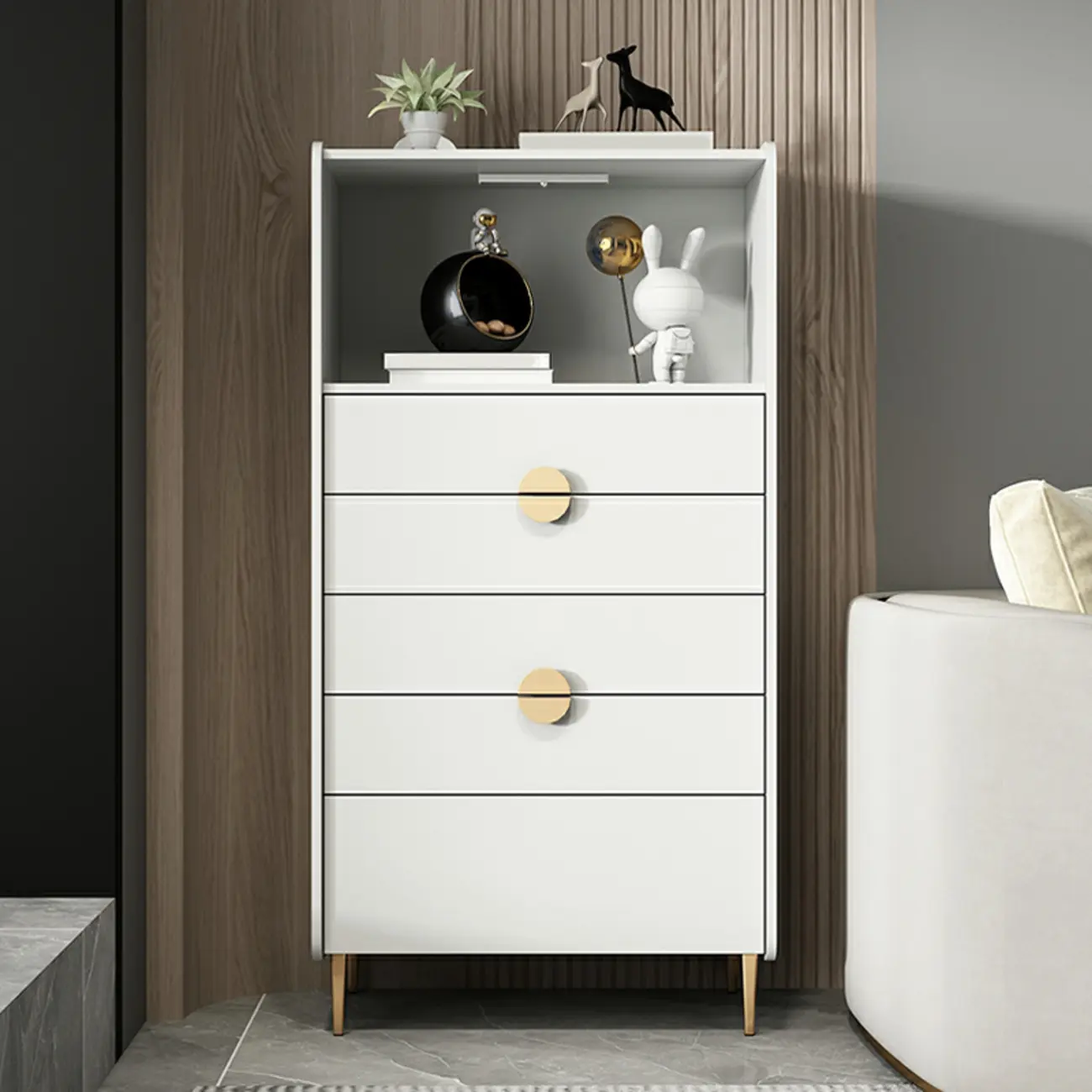 Modern Multi-Drawer White Wood Gold Storage Cabinet with Shelf Image - 18 | homeyfad