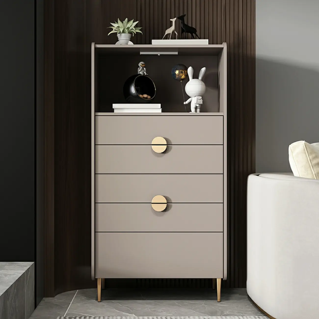 Modern Multi-Drawer White Wood Gold Storage Cabinet with Shelf Image - 21 | homeyfad