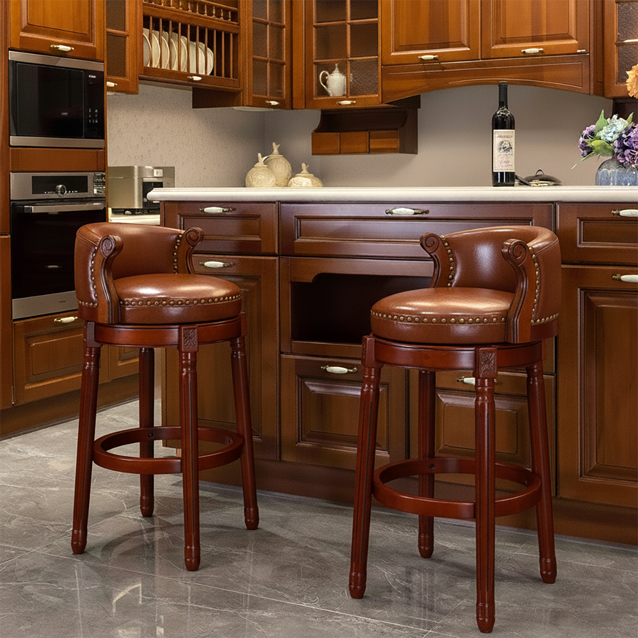 Solid Wood Genuine Leather Swivel Counter Height Bar Stools Image - 6 | homeyfad