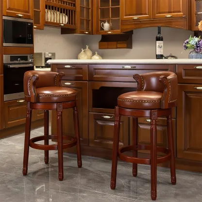 Solid Wood Leather Swivel Counter Stools with Backs Image - 2