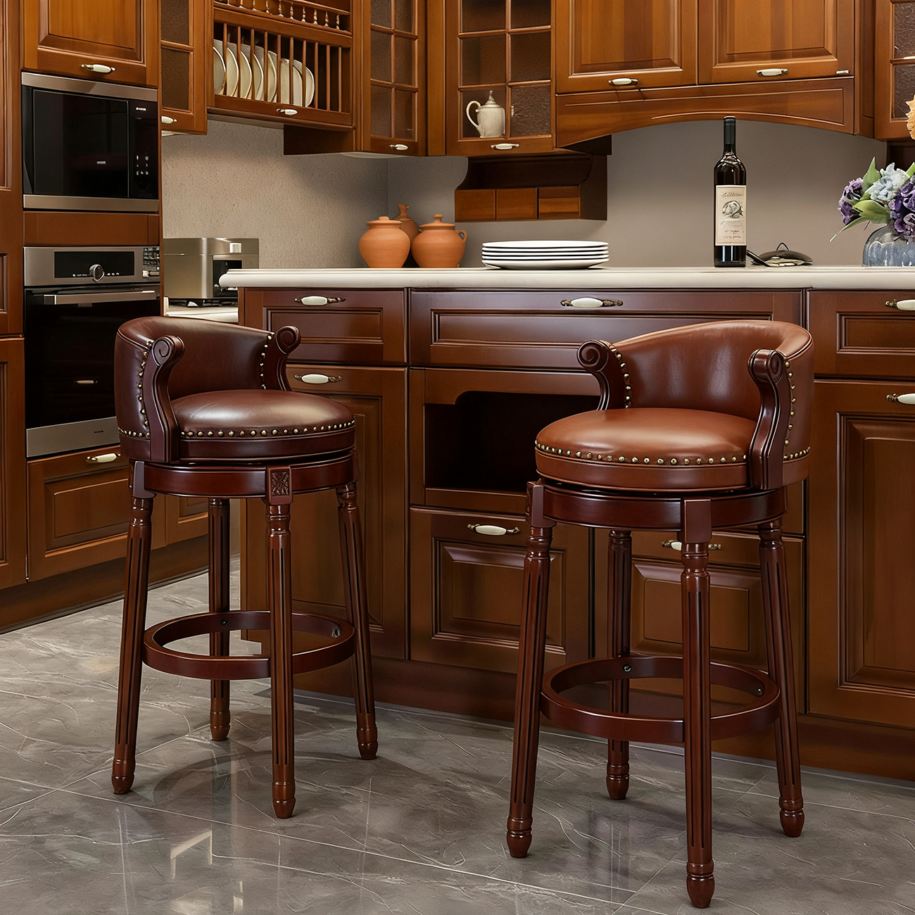 Solid Wood Leather Swivel Counter Stools with Backs Image - 5 | homeyfad