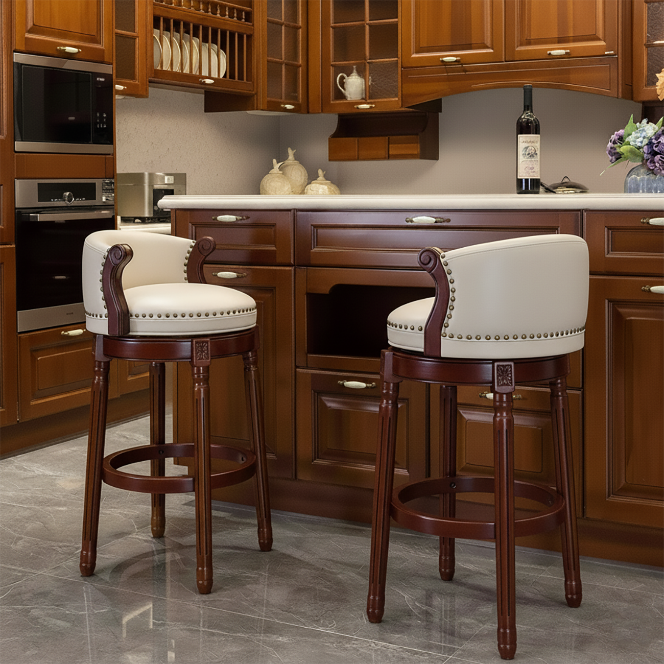 Solid Wood Leather Swivel Counter Stools with Backs Image - 4 | homeyfad