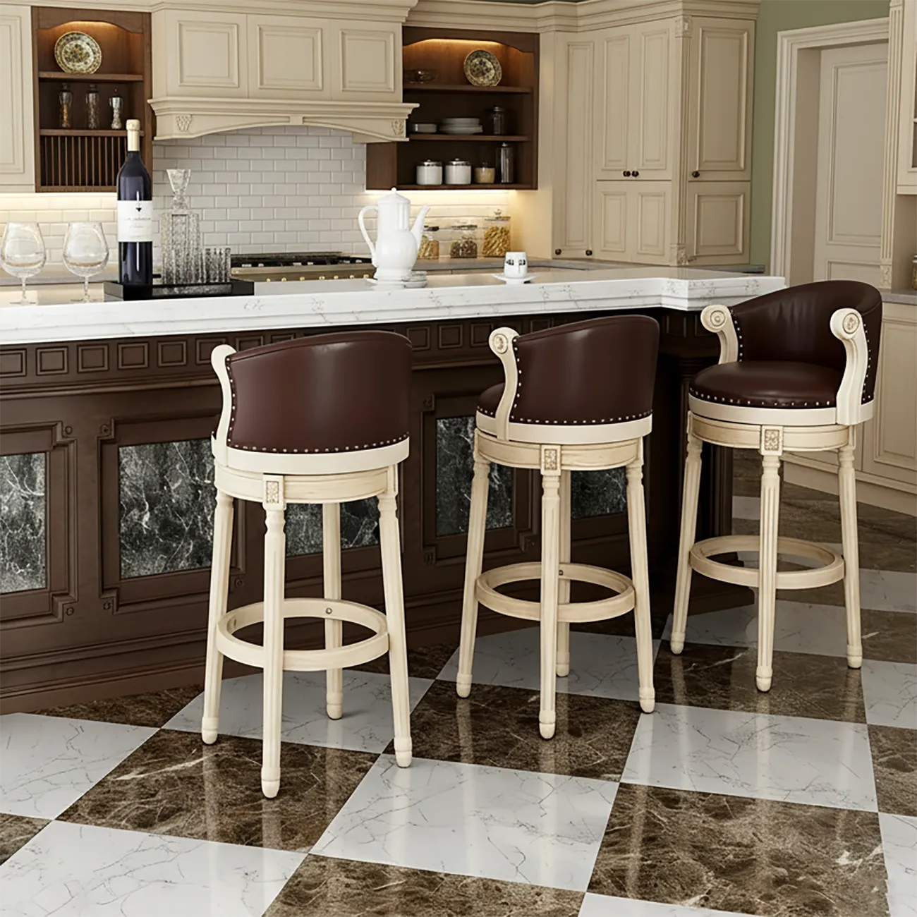 Solid Wood Leather Swivel Counter Stools with Backs Image - 9