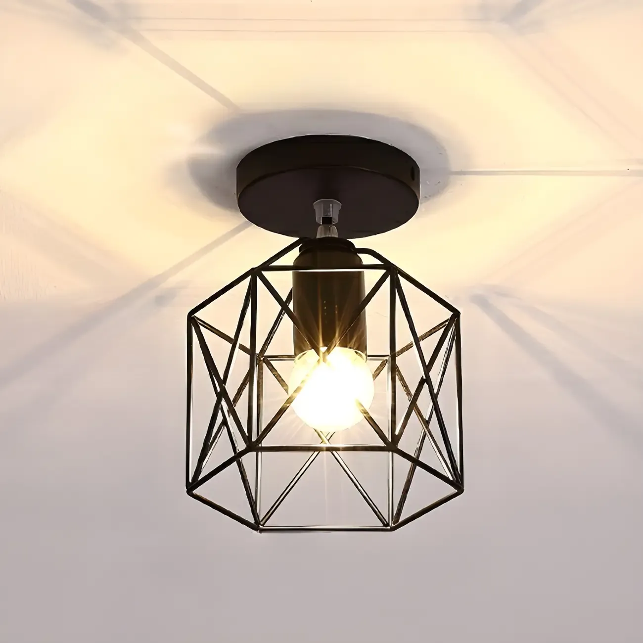Black Geometric Metal Industrial Semi Flush Light Image - 2