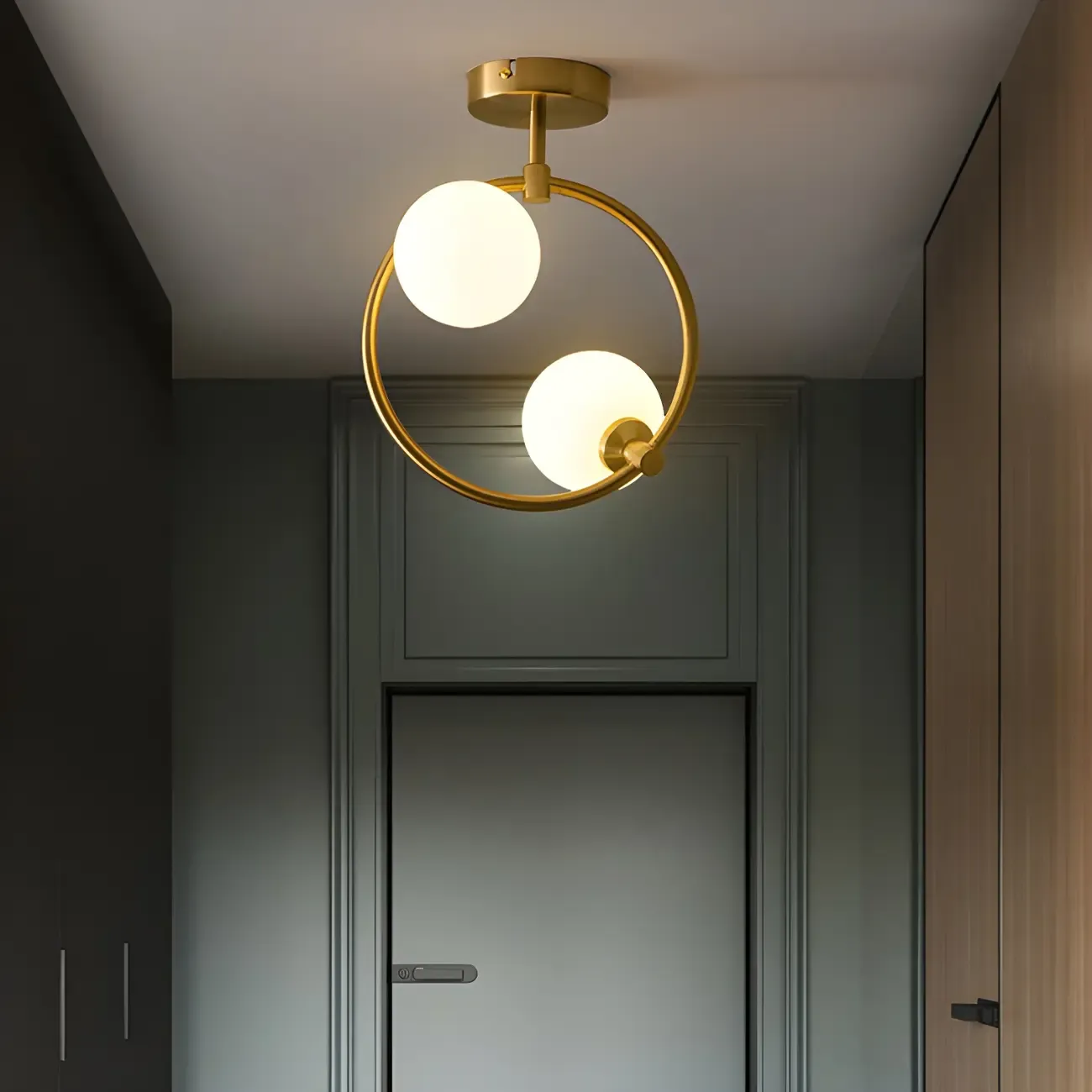 2-Light Sphere Glass Bi-pin Gold Semi Flush Ceiling Light Image - 1