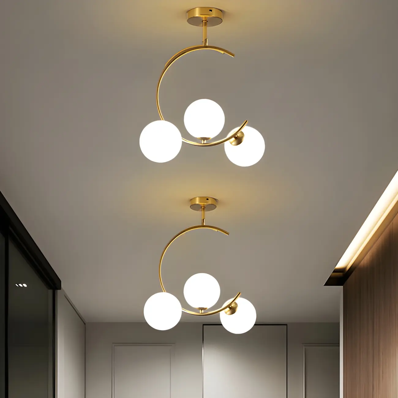 2-Light Sphere Glass Bi-pin Gold Semi Flush Ceiling Light Image - 2 | homeyfad