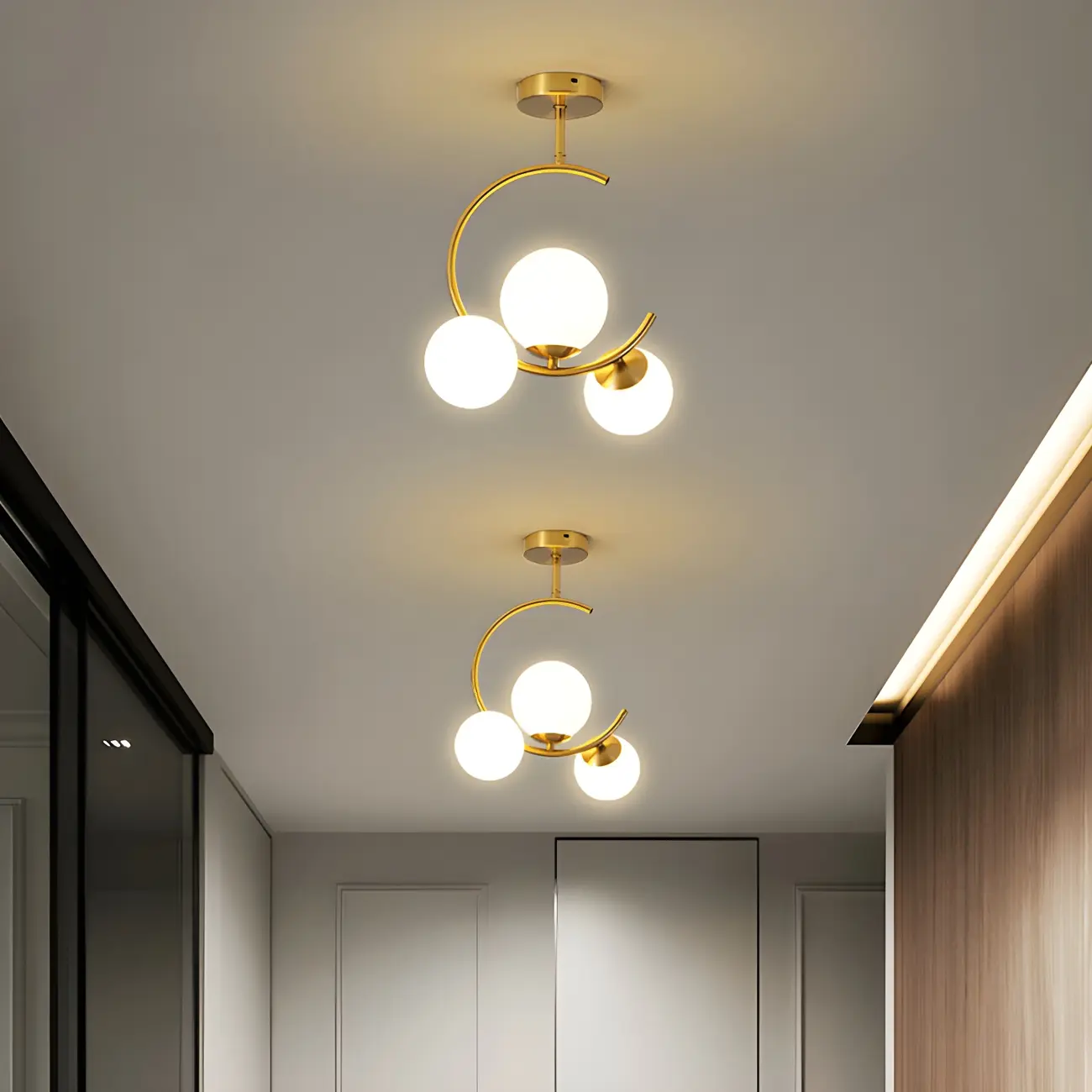 2-Light Sphere Glass Bi-pin Gold Semi Flush Ceiling Light Image - 4 | homeyfad