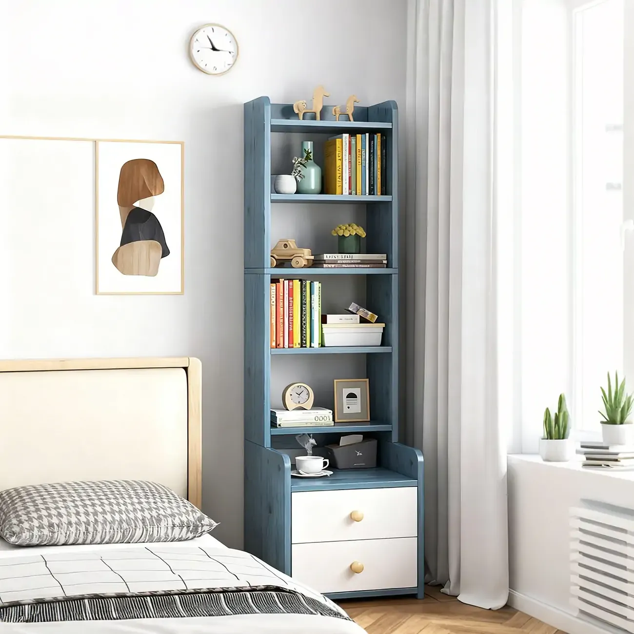 Modern Tall Wood Spacious Shelves 2-Drawer Nightstand Image - 1