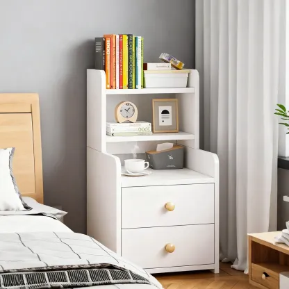 Modern Tall Wood Spacious Shelves 2-Drawer Nightstand Image - 3