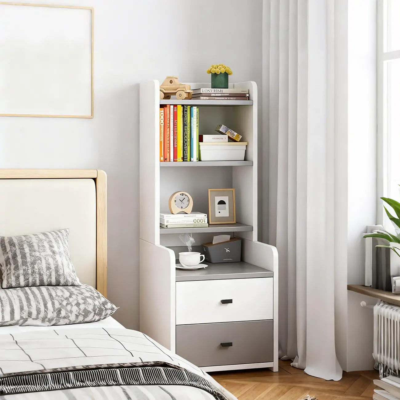 Modern Tall Wood Spacious Shelves 2-Drawer Nightstand Image - 2 | homeyfad