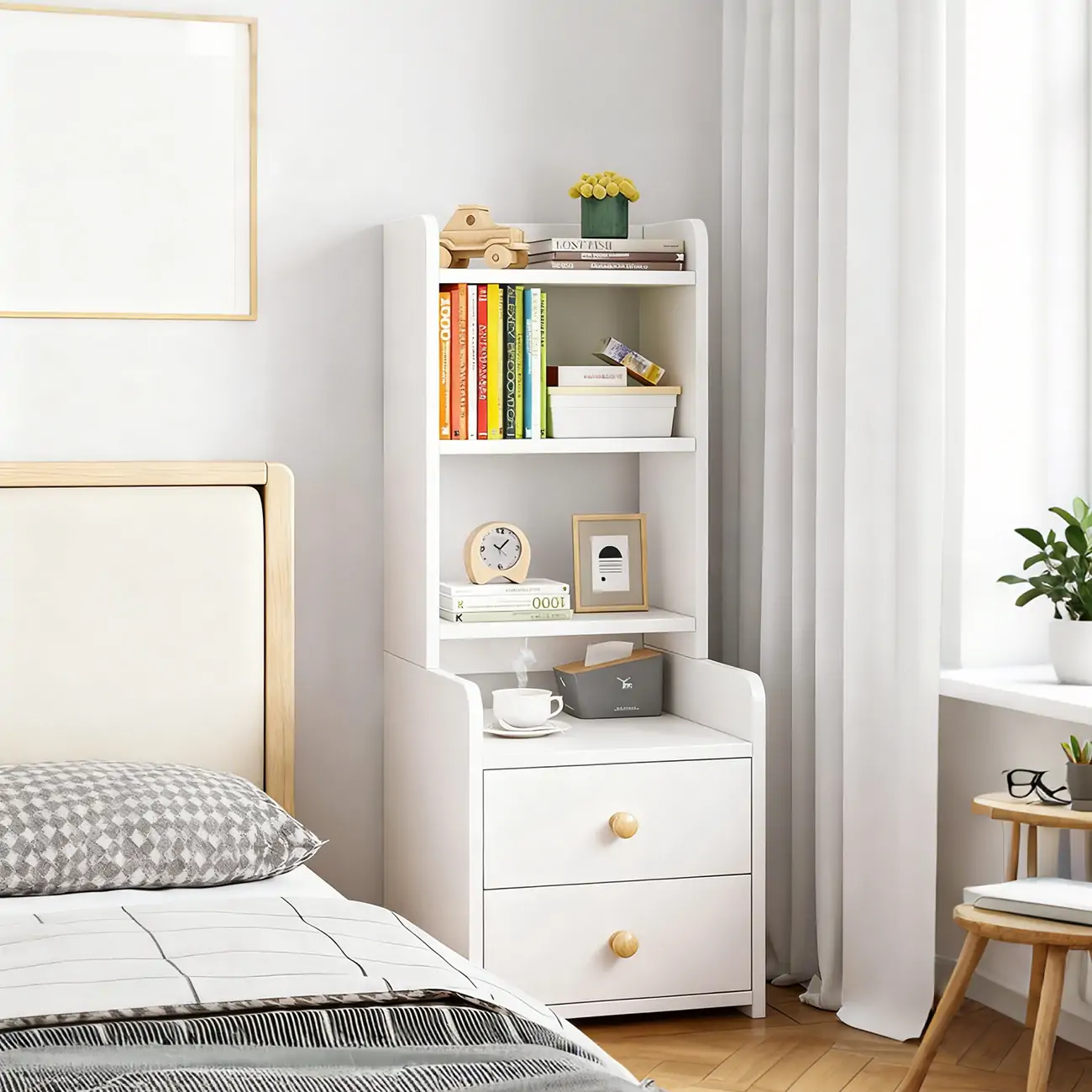Modern Tall Wood Spacious Shelves 2-Drawer Nightstand Image - 4 | homeyfad
