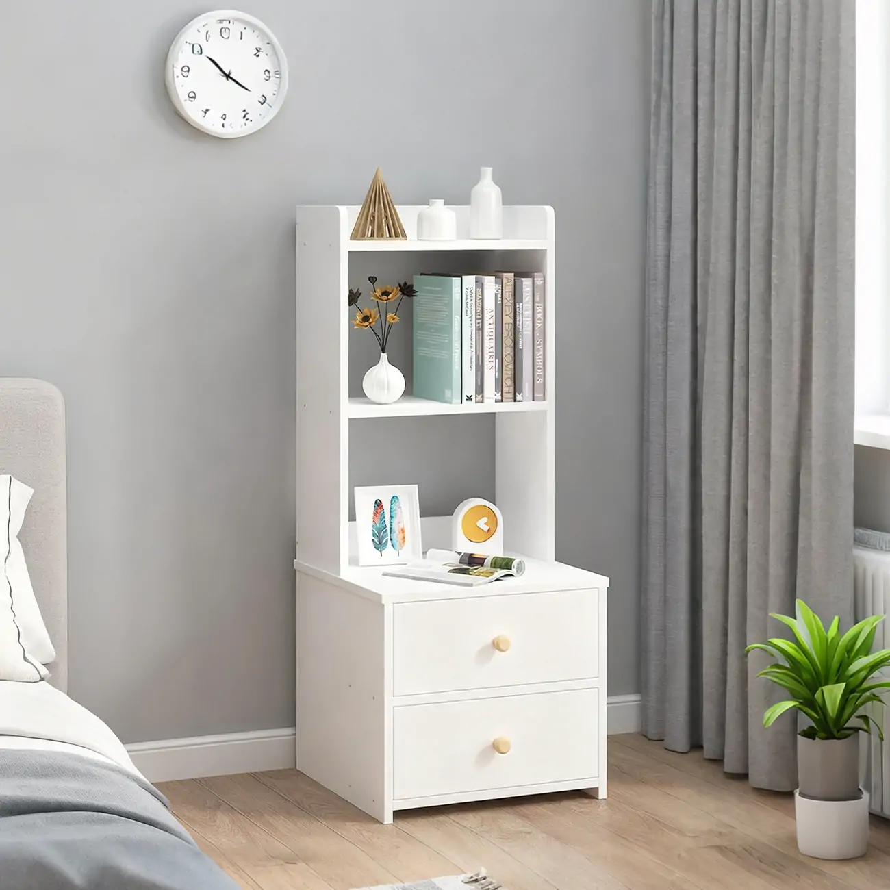 Modern Tall Wood Spacious Shelves 2-Drawer Nightstand Image - 5 | homeyfad