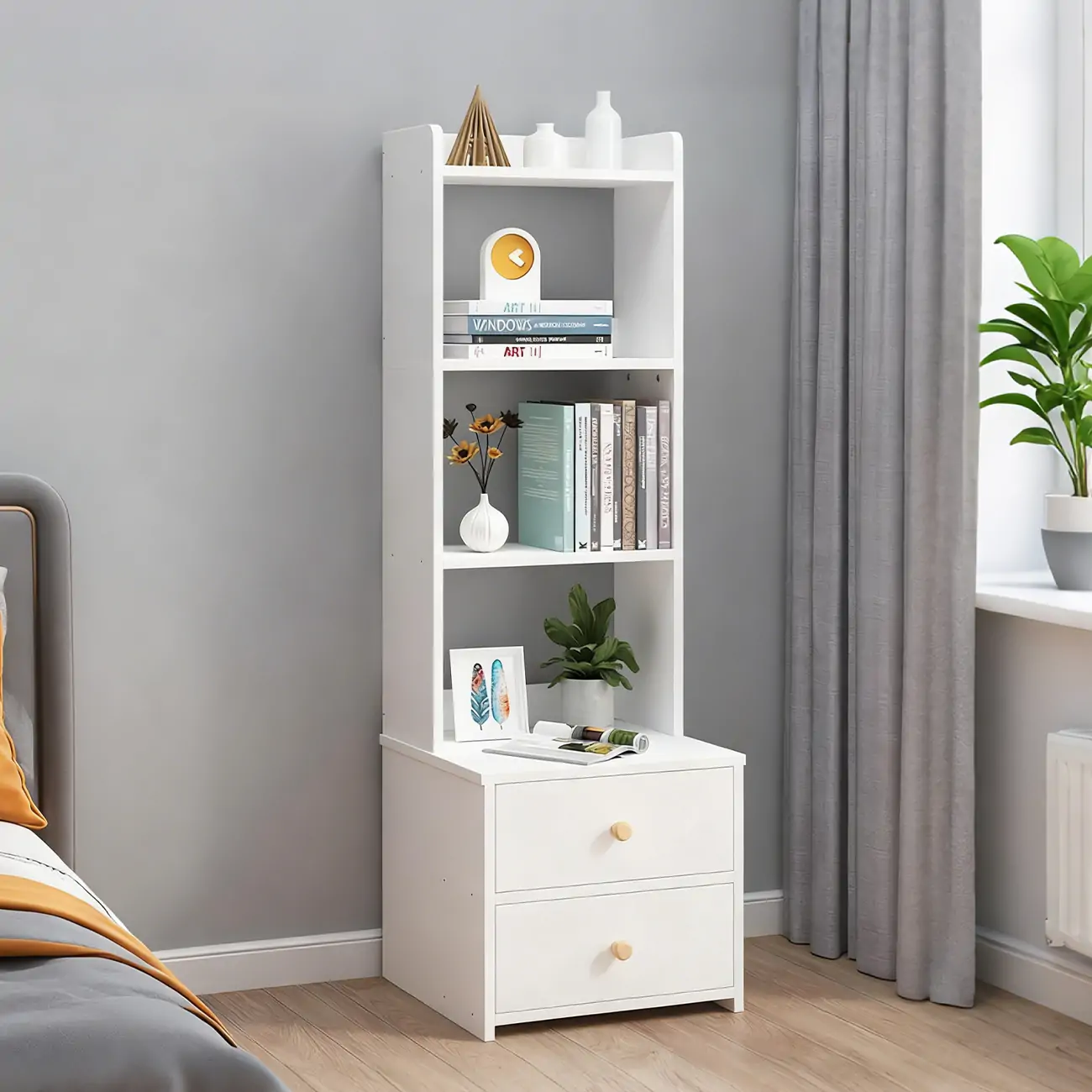 Modern Tall Wood Spacious Shelves 2-Drawer Nightstand Image - 7 | homeyfad