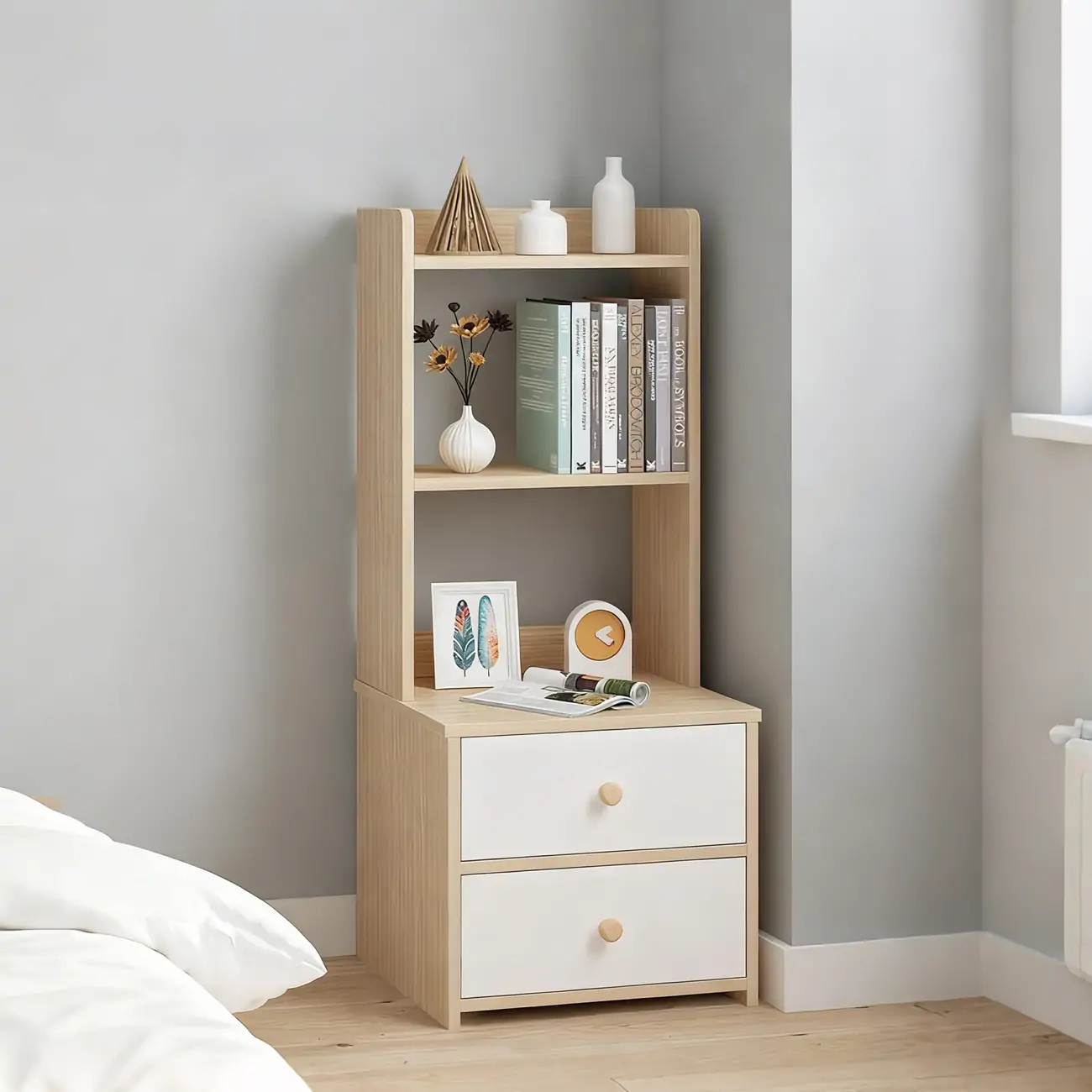 Modern Tall Wood Spacious Shelves 2-Drawer Nightstand Image - 8 | homeyfad