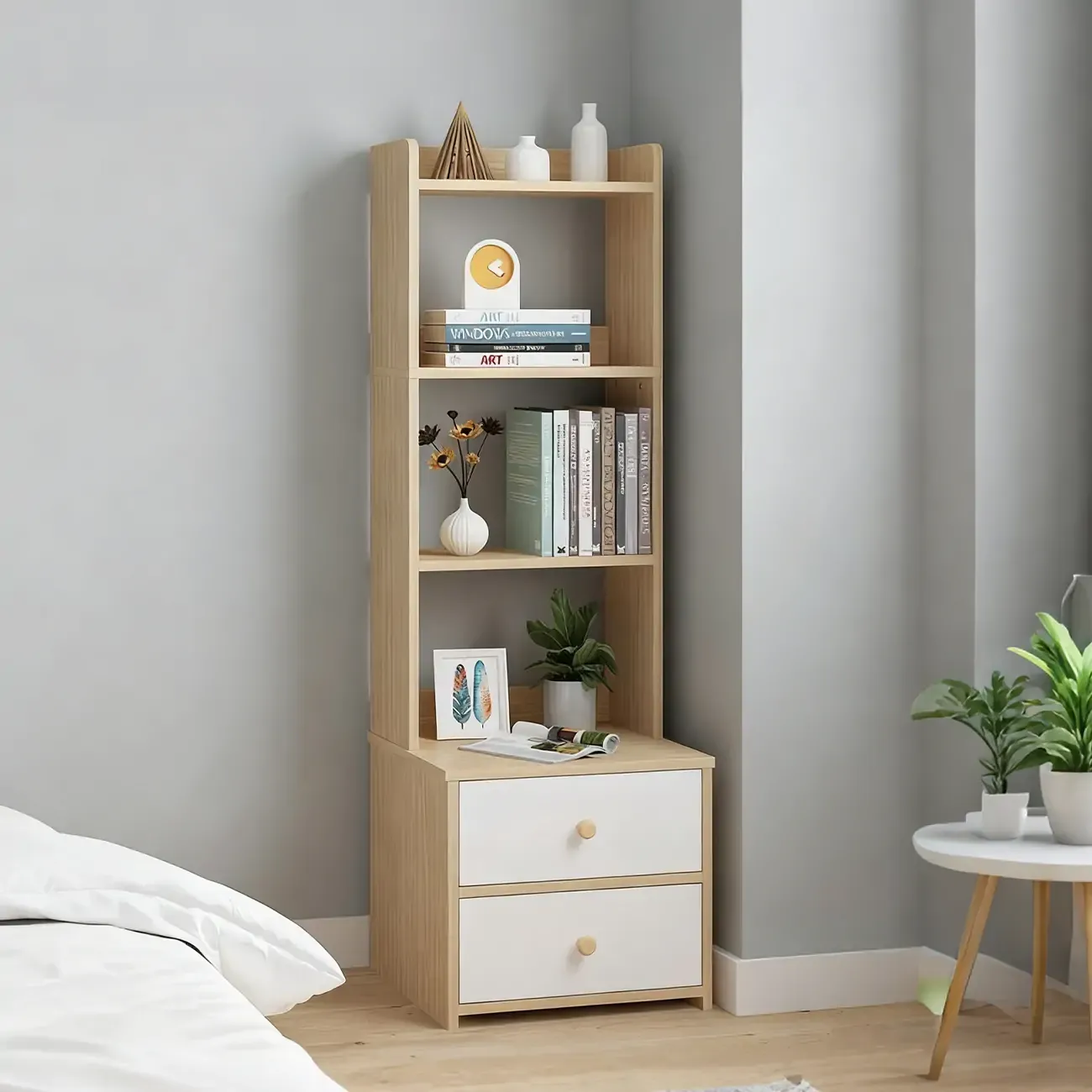 Modern Tall Wood Spacious Shelves 2-Drawer Nightstand Image - 9