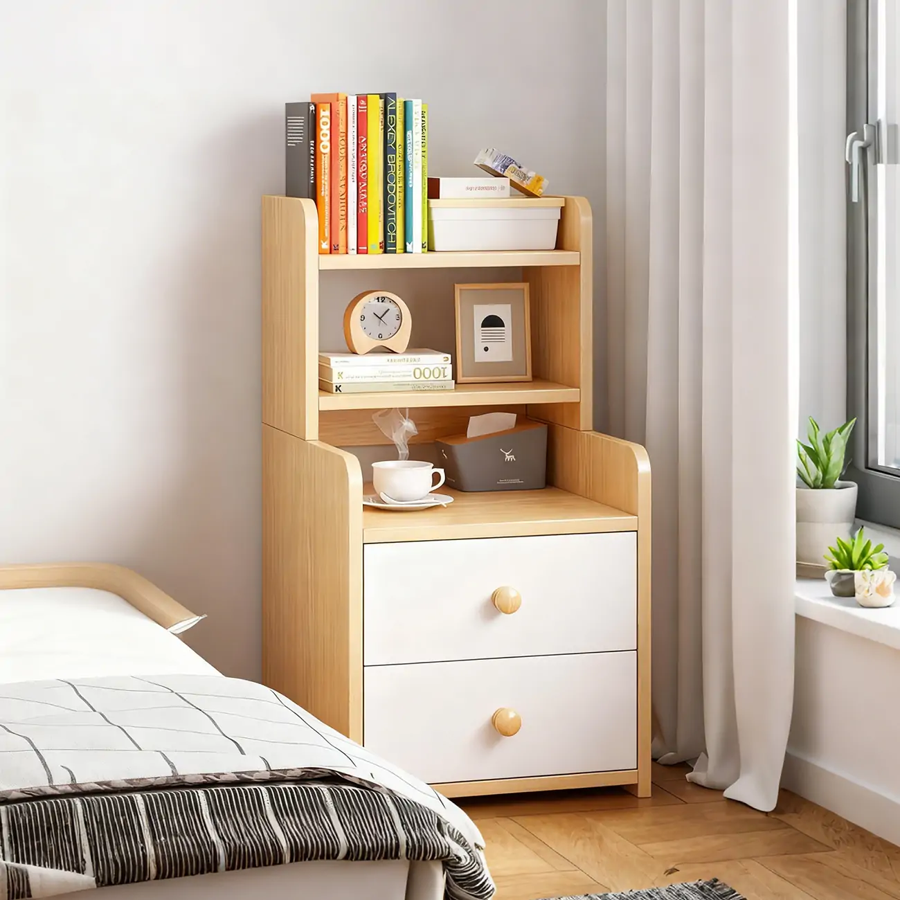 Modern Tall Wood Spacious Shelves 2-Drawer Nightstand Image - 10 | homeyfad
