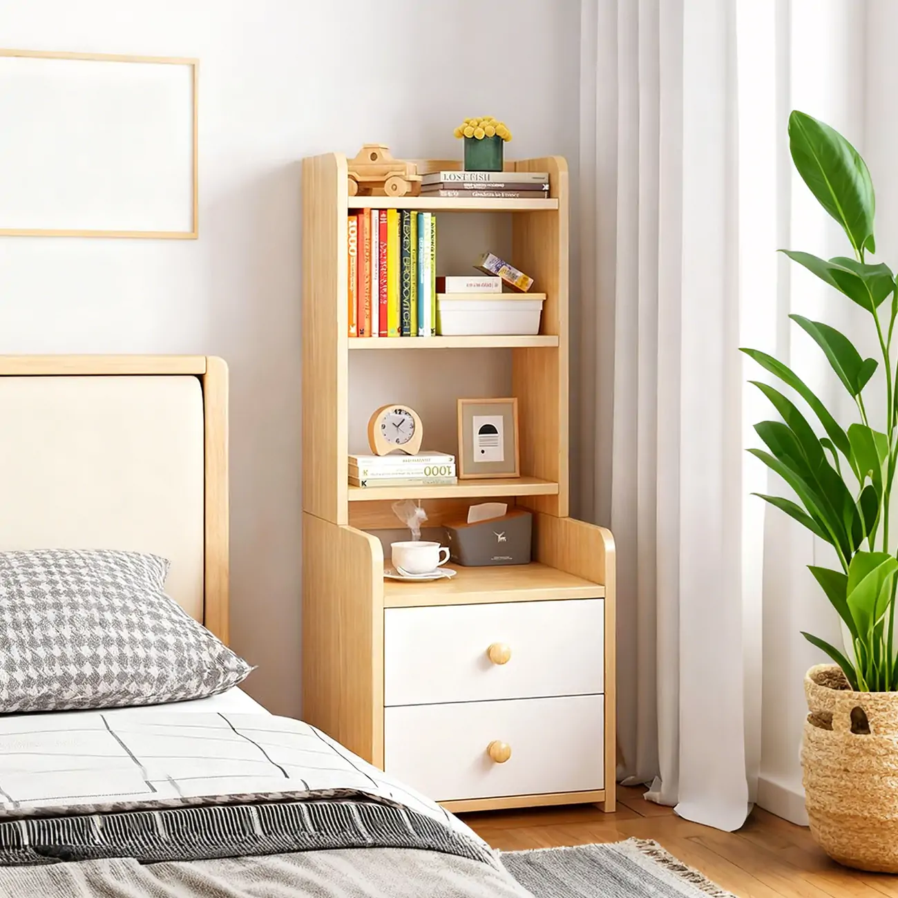 Modern Tall Wood Spacious Shelves 2-Drawer Nightstand Image - 12 | homeyfad