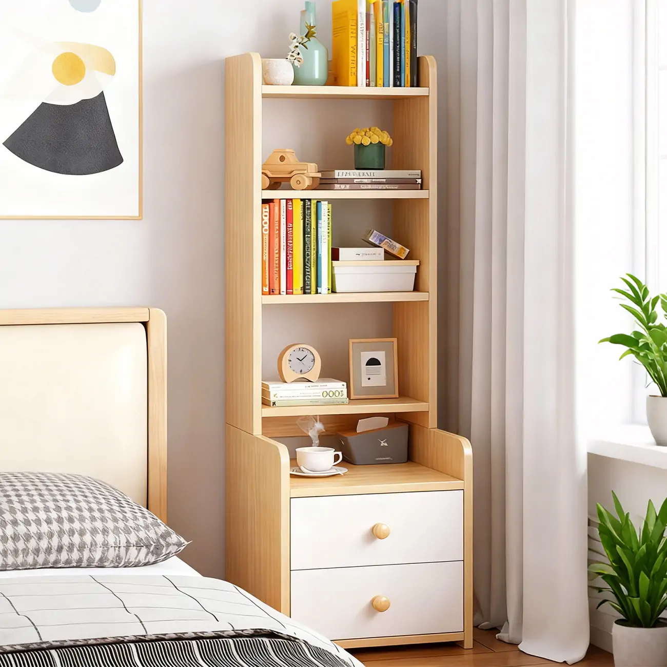 Modern Tall Wood Spacious Shelves 2-Drawer Nightstand Image - 11 | homeyfad
