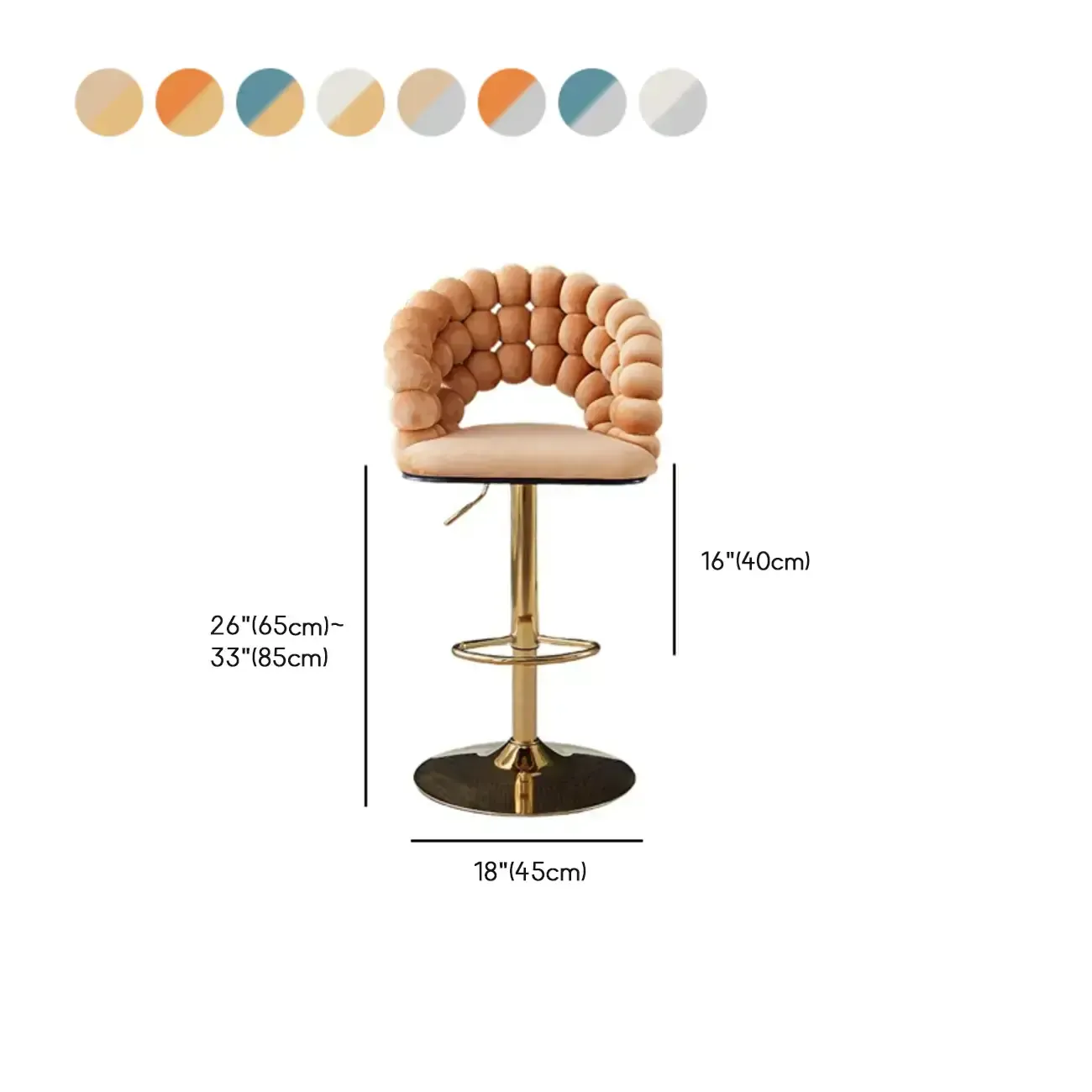 Glam Swivel Saddle Fabric Adjustable Height Bar Stool with Arms #size