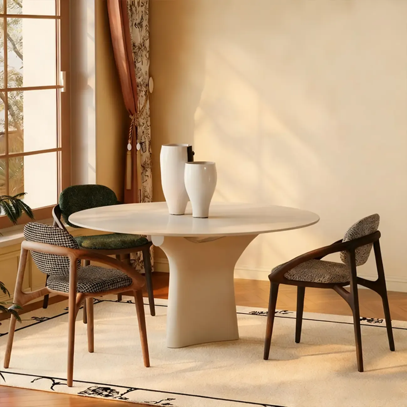 Modern Upholstered Arm Dining Chairs with Foot Pads Image - 2