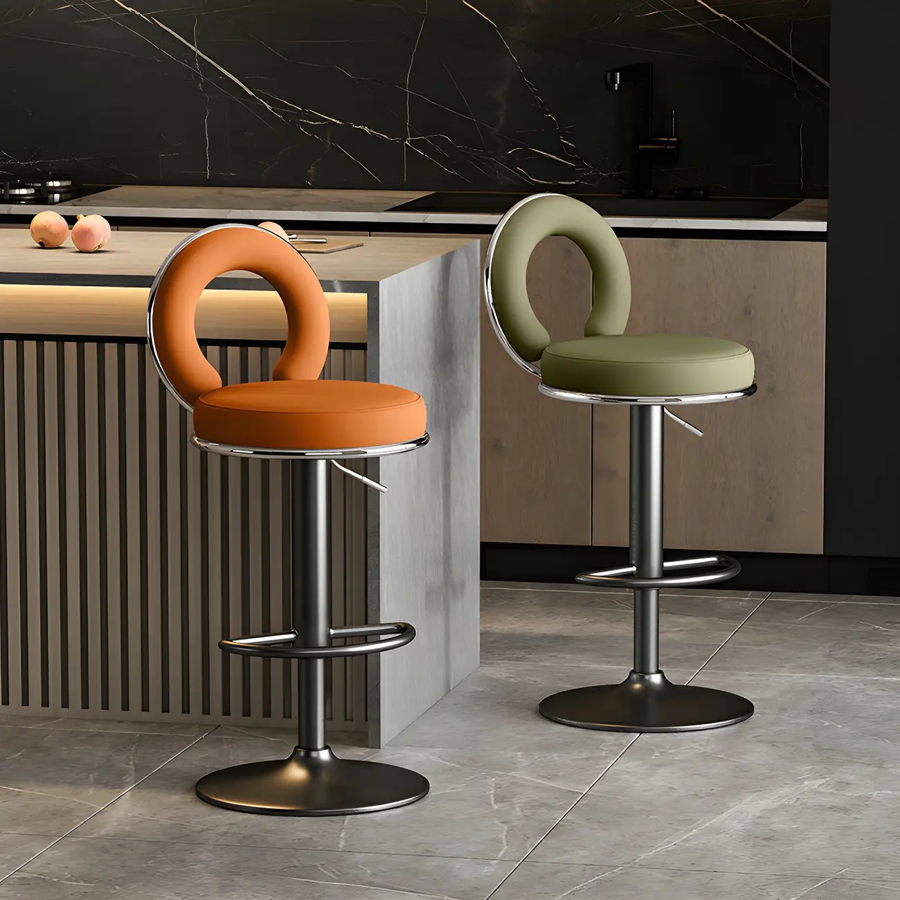 Glam Metal Round Adjustable Bar Stools with Cushions for Kitchen Image - 2 | homeyfad