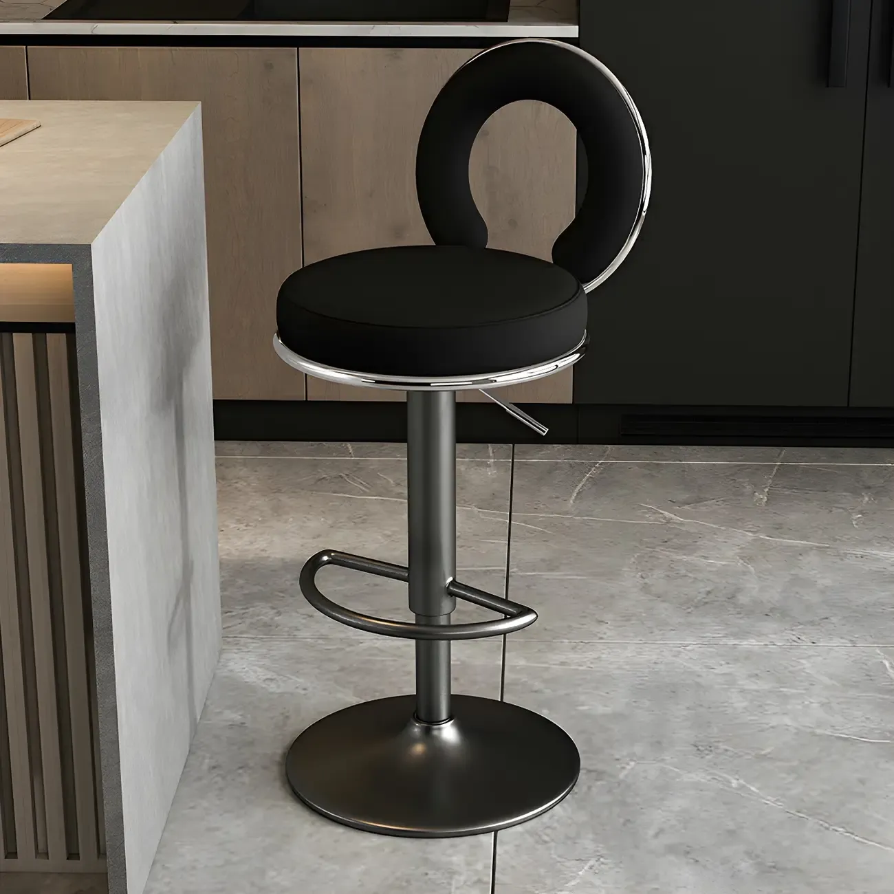 Glam Metal Round Adjustable Bar Stools with Cushions for Kitchen Image - 3