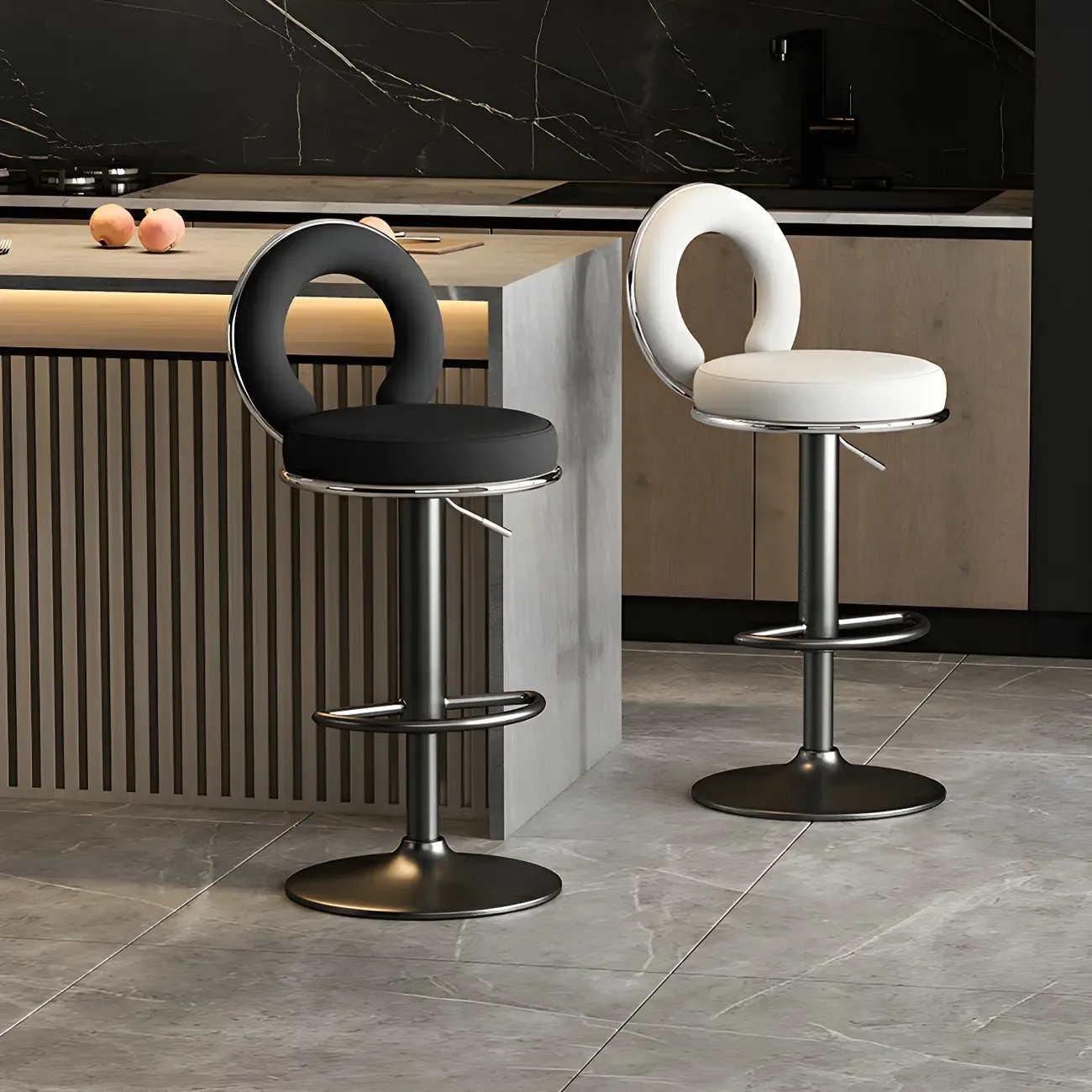 Glam Metal Round Adjustable Bar Stools with Cushions for Kitchen Image - 4
