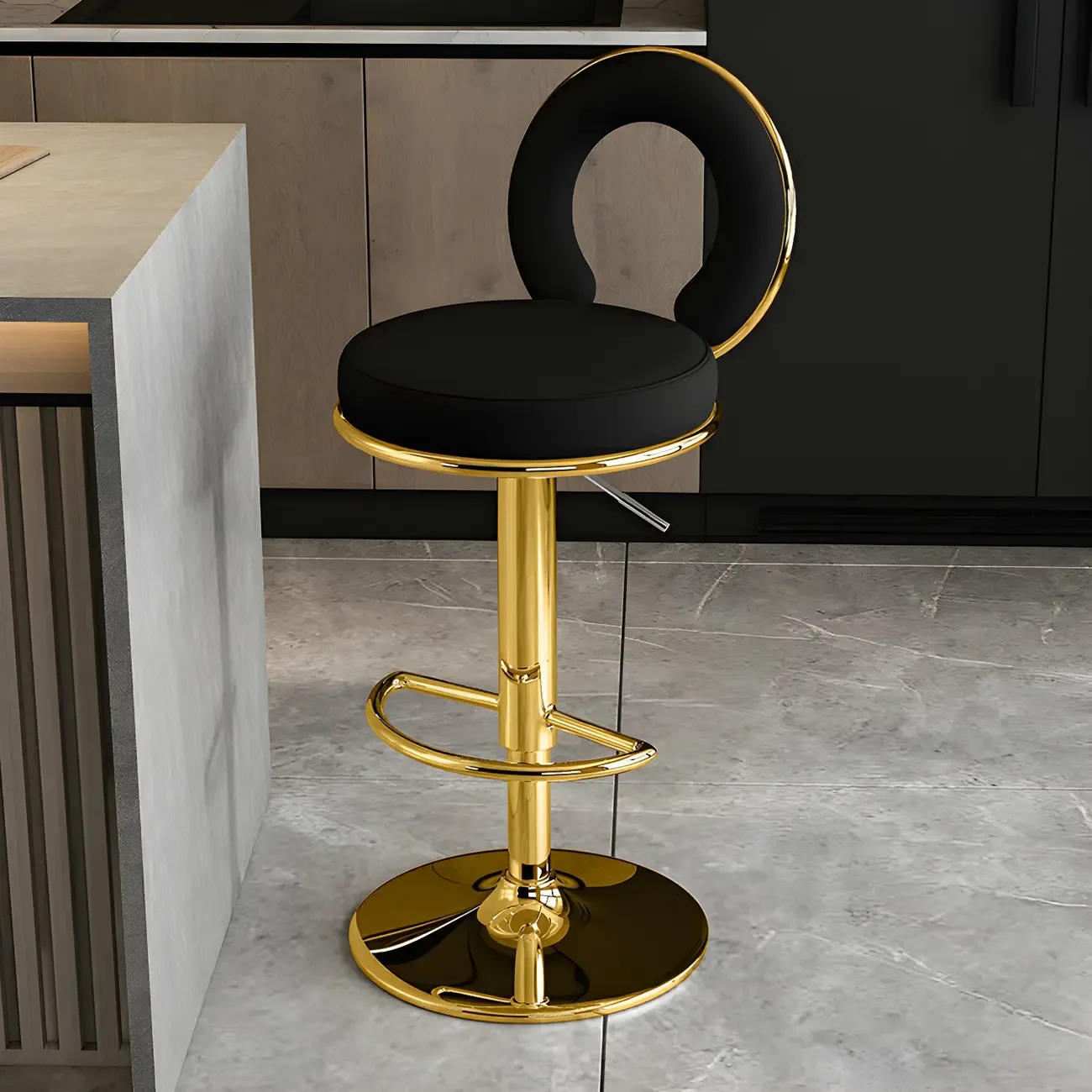 Glam Metal Round Adjustable Bar Stools with Cushions for Kitchen Image - 5