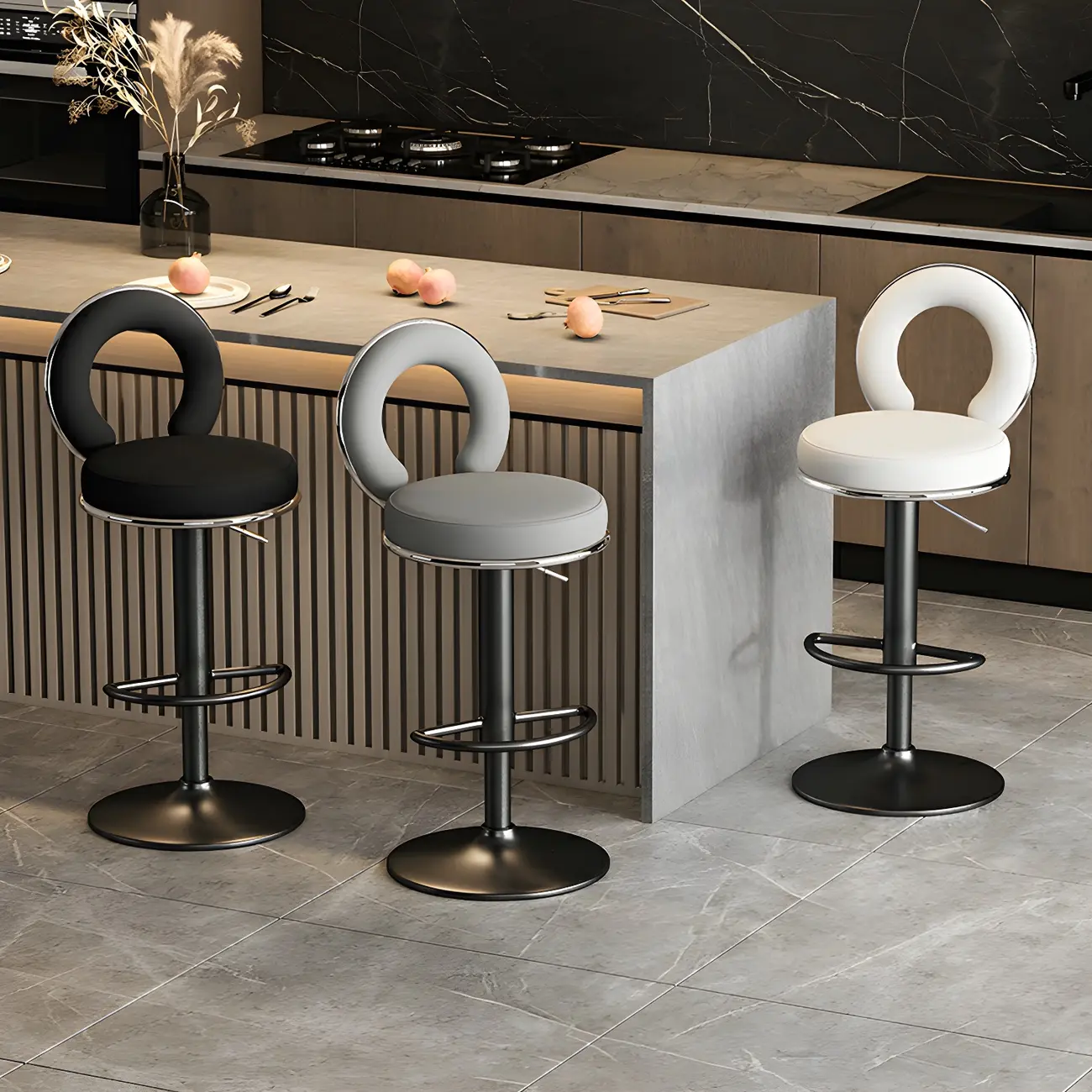 Glam Metal Round Adjustable Bar Stools with Cushions for Kitchen Image - 1 | homeyfad