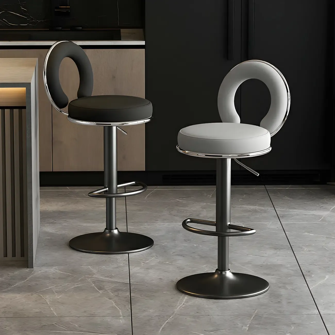 Glam Metal Round Adjustable Bar Stools with Cushions for Kitchen Image - 7