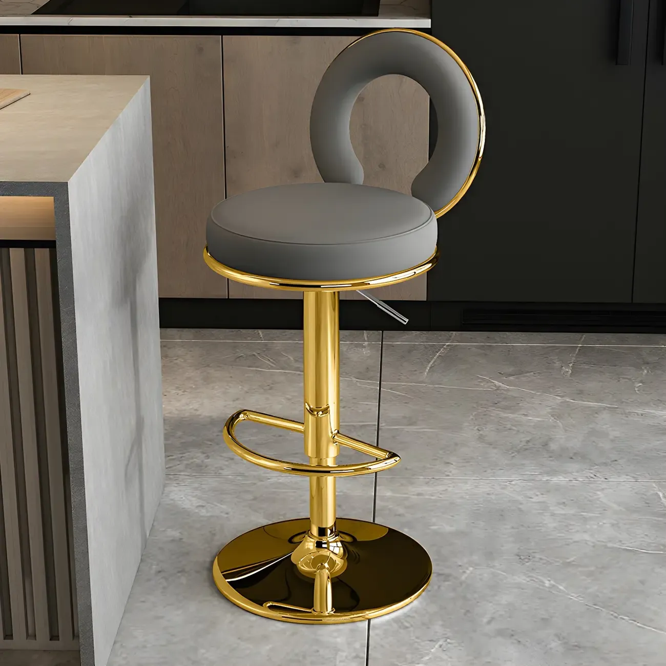 Glam Metal Round Adjustable Bar Stools with Cushions for Kitchen Image - 9