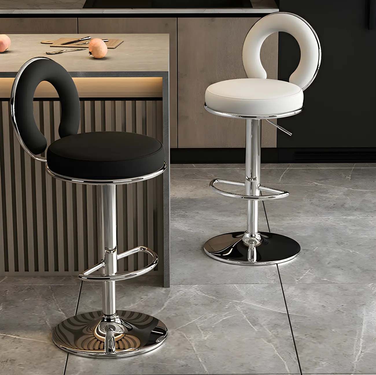 Glam Metal Round Adjustable Bar Stools with Cushions for Kitchen Image - 11 | homeyfad