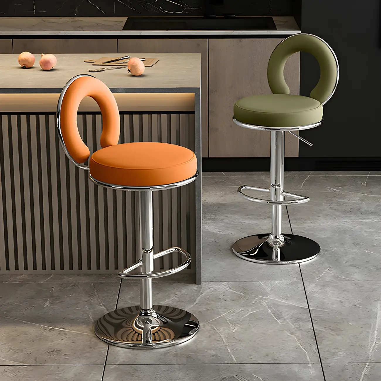 Glam Metal Round Adjustable Bar Stools with Cushions for Kitchen Image - 13 | homeyfad