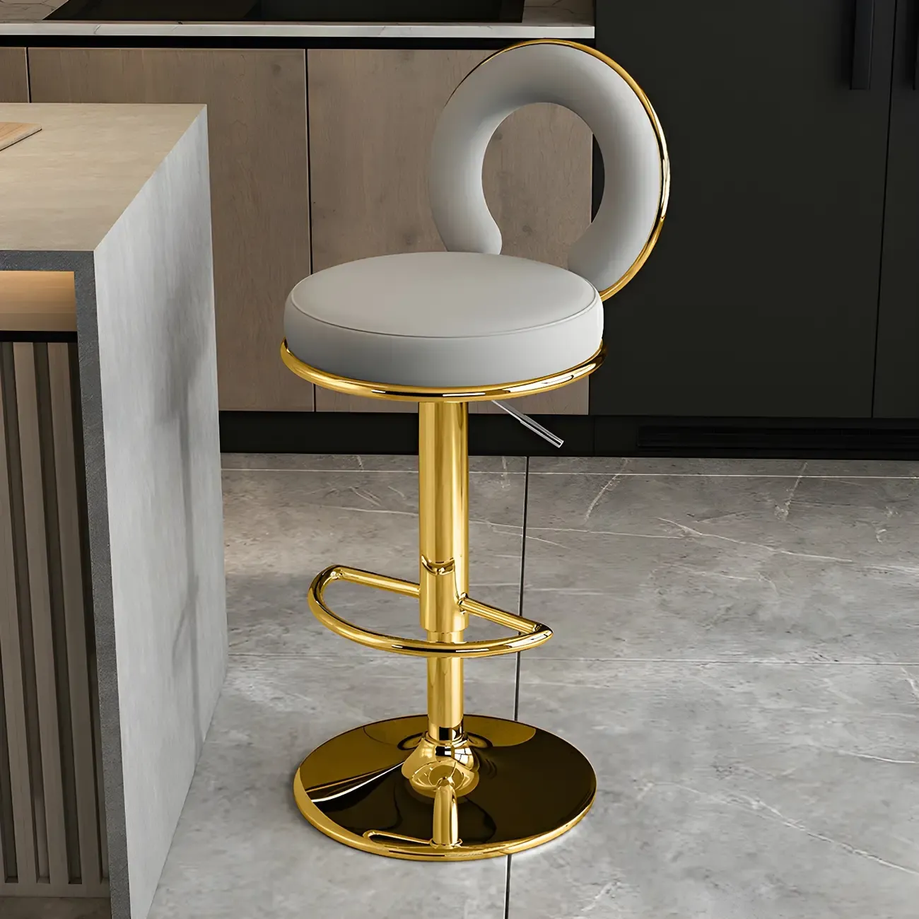 Glam Metal Round Adjustable Bar Stools with Cushions for Kitchen Image - 15